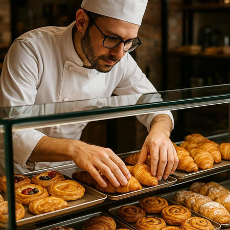 Male baker working in bakery, making fresh croissants or buns.