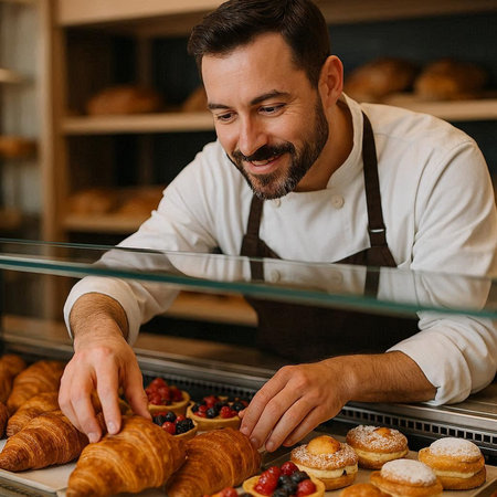 smiling male pastry chef in apron taking fresh croissants from shelf in bakery