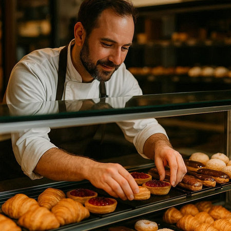 Cheerful man in apron taking fresh pastries from shelf in bakery