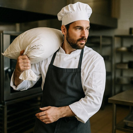 Portrait of a bearded male chef holding a pillow in his hand