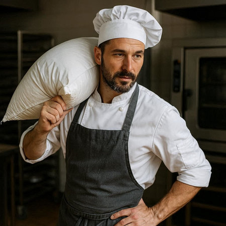 Portrait of a bearded male chef in apron holding a pillow in his hand.