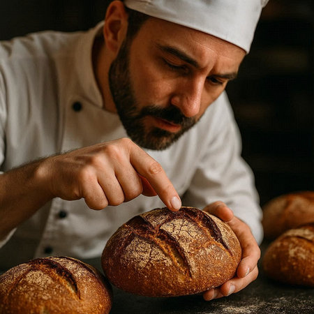 Male baker in a white uniform kneads bread on a dark background