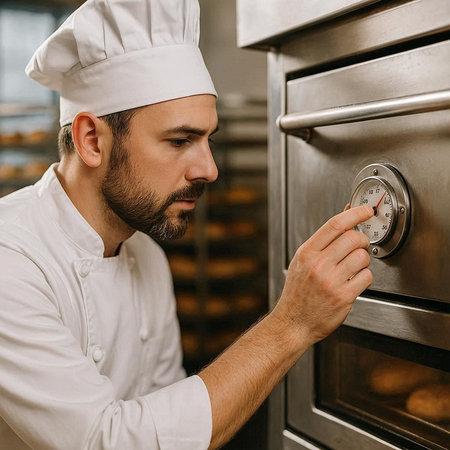 Portrait of a male chef checking the temperature of the oven.