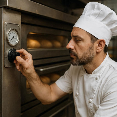 Portrait of a professional chef in uniform and hat operating oven at the bakery