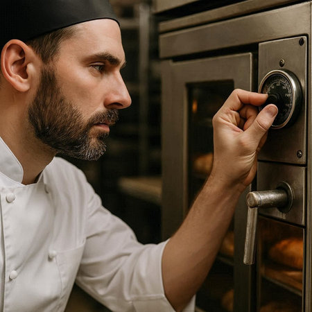 Portrait of a bearded male chef in a white uniform and hat at the bakery.