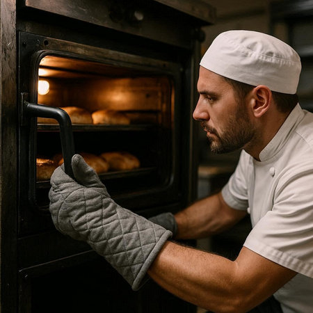 Side view of a baker putting bread in oven at the bakery.