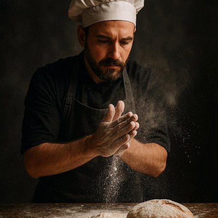 Male chef kneading dough with flour on dark background, studio shot