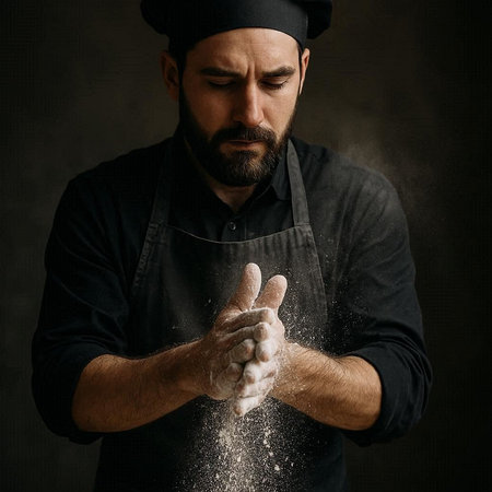 Portrait of a bearded male chef sprinkling flour on his hands