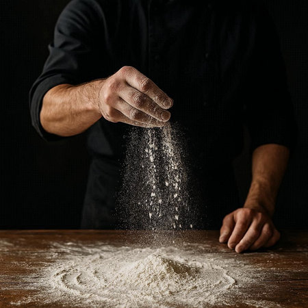 Male chef sprinkling flour on a wooden table over dark background.