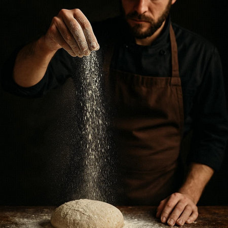 Male chef sprinkling flour on dough over dark background, closeup