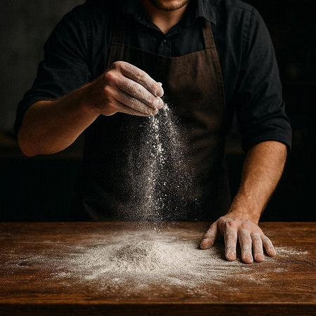 Male hands sprinkling flour on a wooden table. Dark background.の写真素材