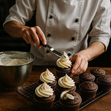 Close-up of female pastry chef decorating cupcakes with cream.