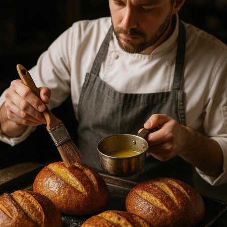 Baker holding a bowl of freshly baked buns on a baking sheet