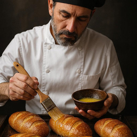 Portrait of a bearded male chef in a white uniform and hat cooking croissants.