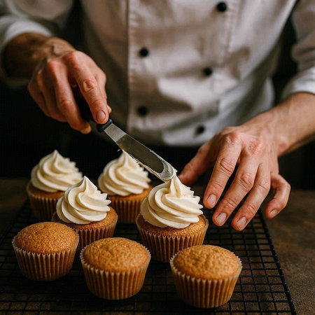 Close-up of male hands decorating cupcakes with cream.