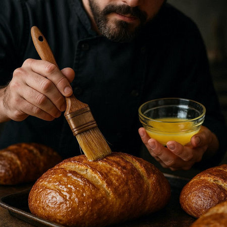 croissant in the hands of a man with a paintbrush