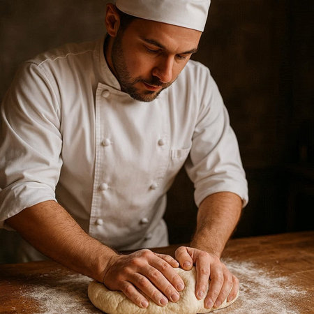 Male chef kneading dough on a wooden table with flour.