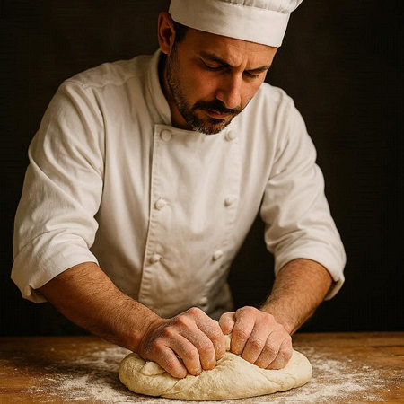 Chef kneading dough on a wooden table over dark background
