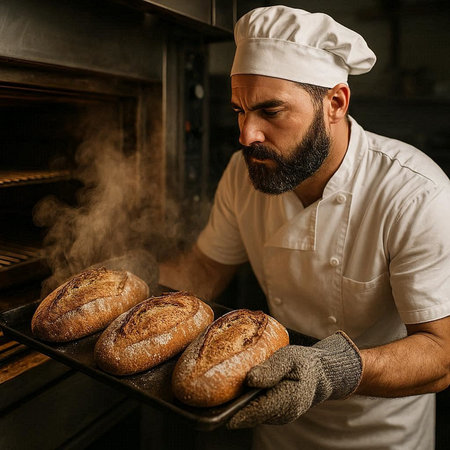 Portrait of a male baker holding freshly baked bread in the oven