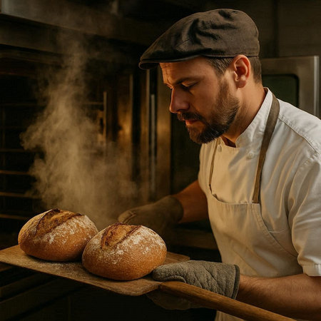 Baker preparing fresh bread in the kitchen of a restaurant or bakery