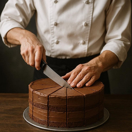 Chef cutting a chocolate cake with a knife on a wooden table