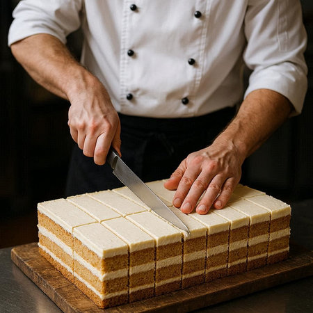 Chef cutting a cake with a knife on a wooden board.