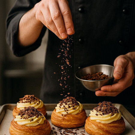 Chef sprinkles chocolate on a croissant with cream.