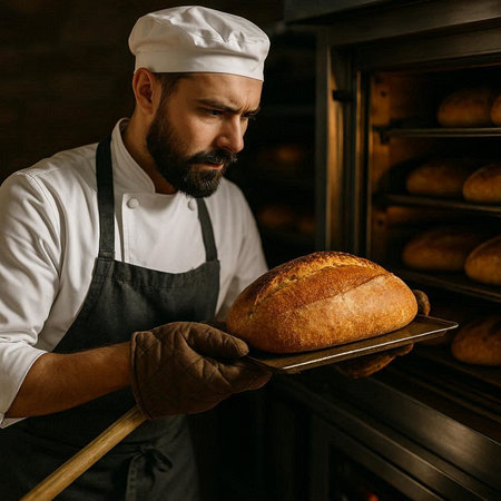 Baker holding a freshly baked loaf of bread in his bakery.