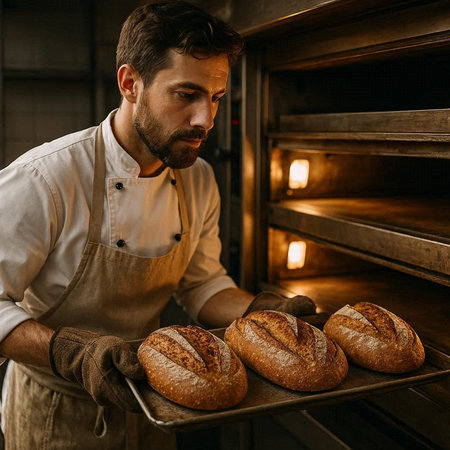 Handsome male baker holding tray with freshly baked bread in bakery