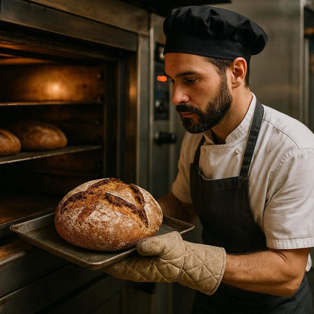 Male baker holding a freshly baked loaf of bread in his bakery.