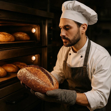Male baker holding fresh loaf of bread in the oven at the bakery
