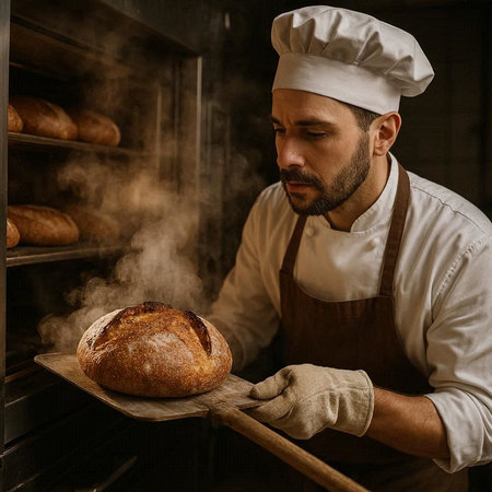 Baker at work in his bakery. Young male baker holding a freshly baked loaf of bread.