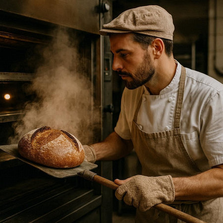 Baker in a cap and apron preparing fresh bread in the oven