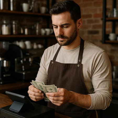 Handsome barista counting money at counter in coffee shop.の写真素材