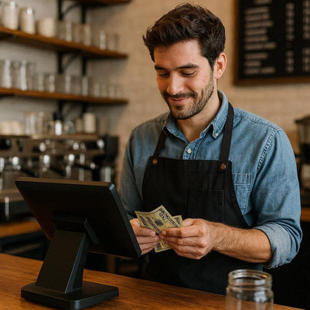 portrait of smiling barista counting money at counter in coffee shop