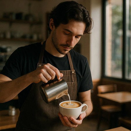 handsome barista pouring milk into cup of coffee in coffee shop