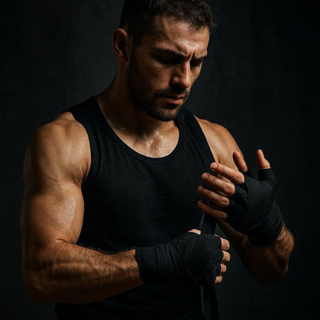 Portrait of a strong boxer in a black T-shirt on a dark background