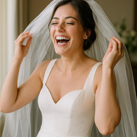 Portrait of a beautiful young bride in white wedding dress indoors.の写真素材