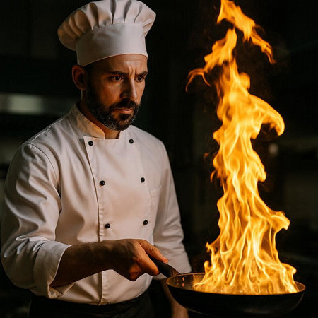 Portrait of a male chef with a fire in a restaurant kitchen