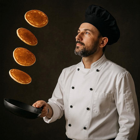 Chef holding frying pan with pancake in the air on dark background