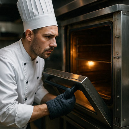 Handsome male chef in uniform and hat cooking in oven.