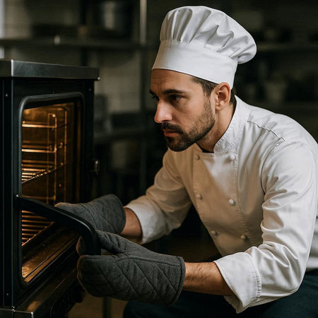 Portrait of a professional male chef cooking in a restaurant kitchen.