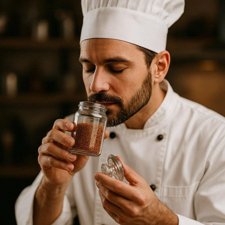 Handsome bearded male chef in uniform and hat holding a jar with ground coffee.