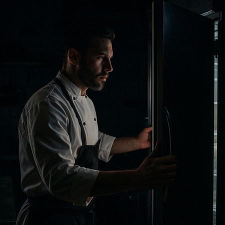 Side view of a bearded male chef standing in the kitchen and looking at the oven