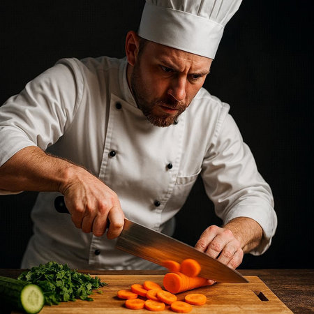 Chef cutting carrots on a wooden board in a restaurant kitchen.の写真素材