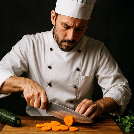 Chef cutting vegetables in the kitchen. Portrait of a professional chef in white uniform.