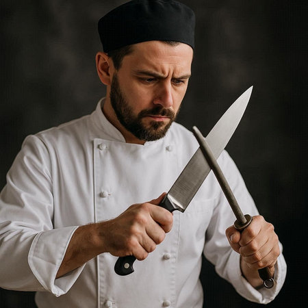 Portrait of a chef with a knife on a dark background.