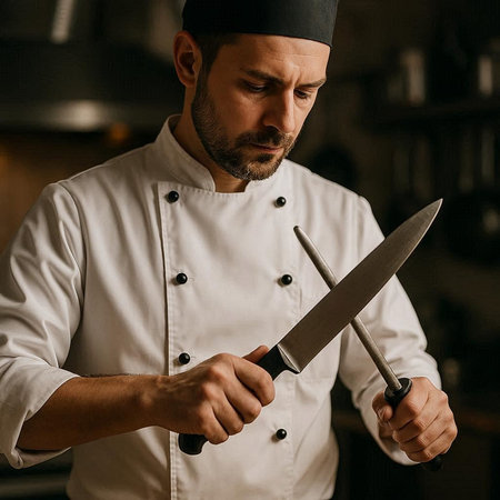 Portrait of a serious chef with a knife in his hands.