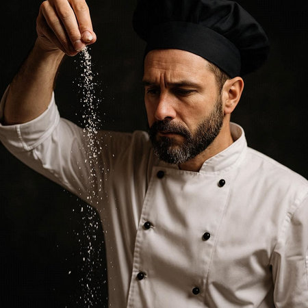 Portrait of a bearded male chef sprinkling salt on a black background.