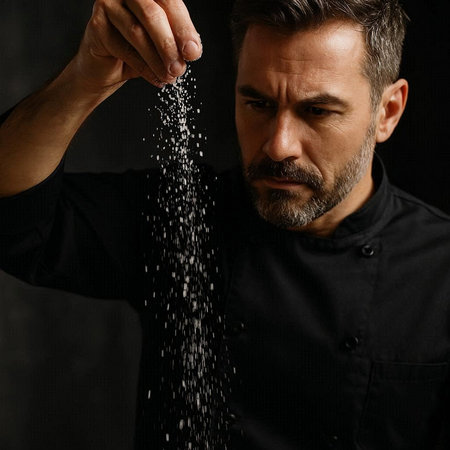 Portrait of a handsome mature man pouring sugar on black background.